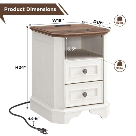 T4TREAM Farmhouse Nightstand with Charging Station, 18" End Table with 2 Drawers, Wood Side Table, Bedside Cabinet for Bedroom, Living Room (Antique White) T4TREAM