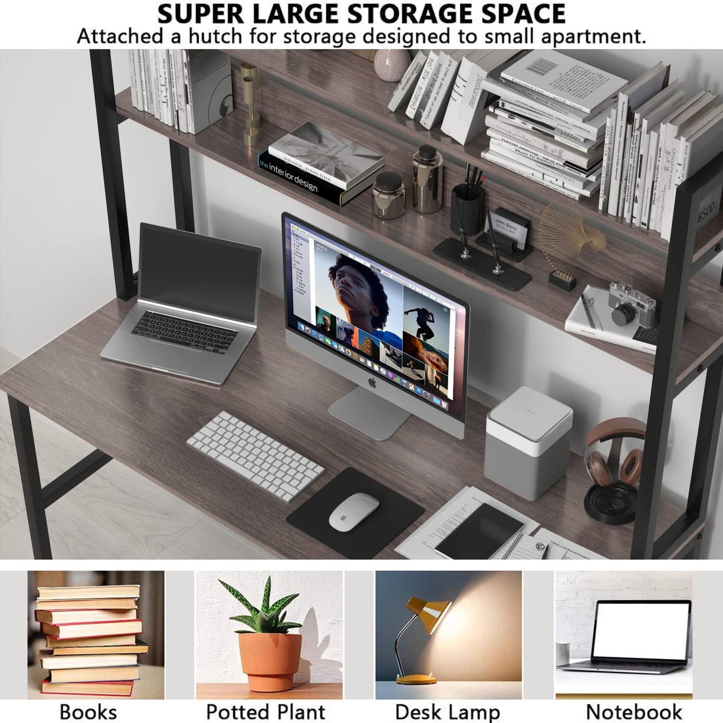 Aquzee Grey Desk with Hutch and Open Bookshelves for Organised Storage - WoodArtSupply