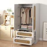 JZXSHD White Armoire Wardrobe Closet with Drawers, Rattan Wardrobe Cabinet with 2 Wood Door & Hanging Rail, Armoire Wardrobe Closet for Bedroom, Gym, Cloak Room JZXSHD