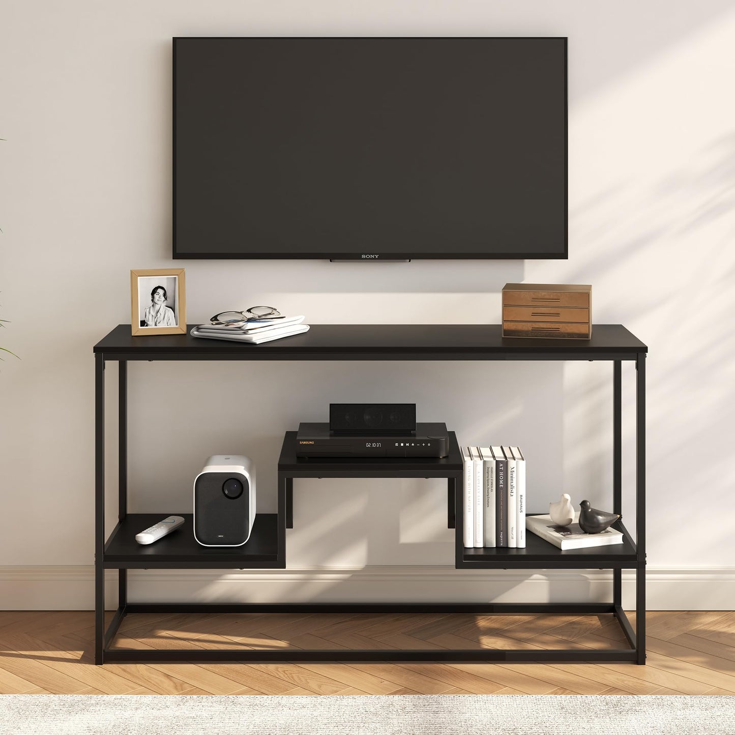 YOUDENOVA TV Stand for TVs up to 65 Inch, TV Console Table with 3-Tier Open Storage Shelves, Modern Industrial Entertainment Center for Living Room, Bedroom, Black