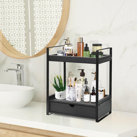 Ukonvi 2-Tier Bathroom Organizer Countertop with Drawer, Wood Counter Shelf for Storage, Vanity Tray for Organization and Decor, Countertop Organizer for Bathroom, Kitchen, Office (Black) Ukonvi