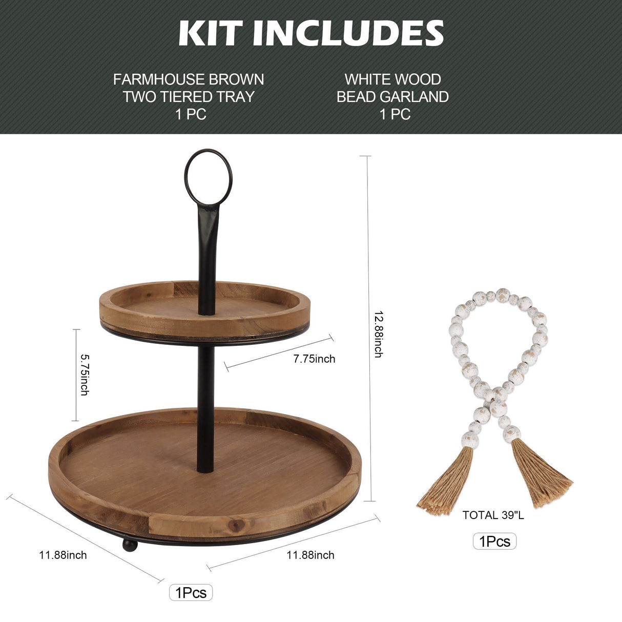 GENMOUS & CO. Farmhouse Tiered Tray Decor with Distressed Wood Bead Garland, Decorative 2 Tiered Serving Tray with Metal Handle for Rustic Home Décor GENMOUS & CO.