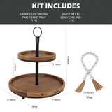 GENMOUS & CO. Farmhouse Tiered Tray Decor with Distressed Wood Bead Garland, Decorative 2 Tiered Serving Tray with Metal Handle for Rustic Home Décor GENMOUS & CO.