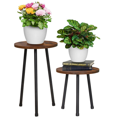 YENGOTH 2 Pack Indoor Plant Stand, Mid-Century Wooden Style Plant Holder, Indoor Outdoor Flower Stand,Small Round Table, Two Different Sizes(Black) YENGOTH