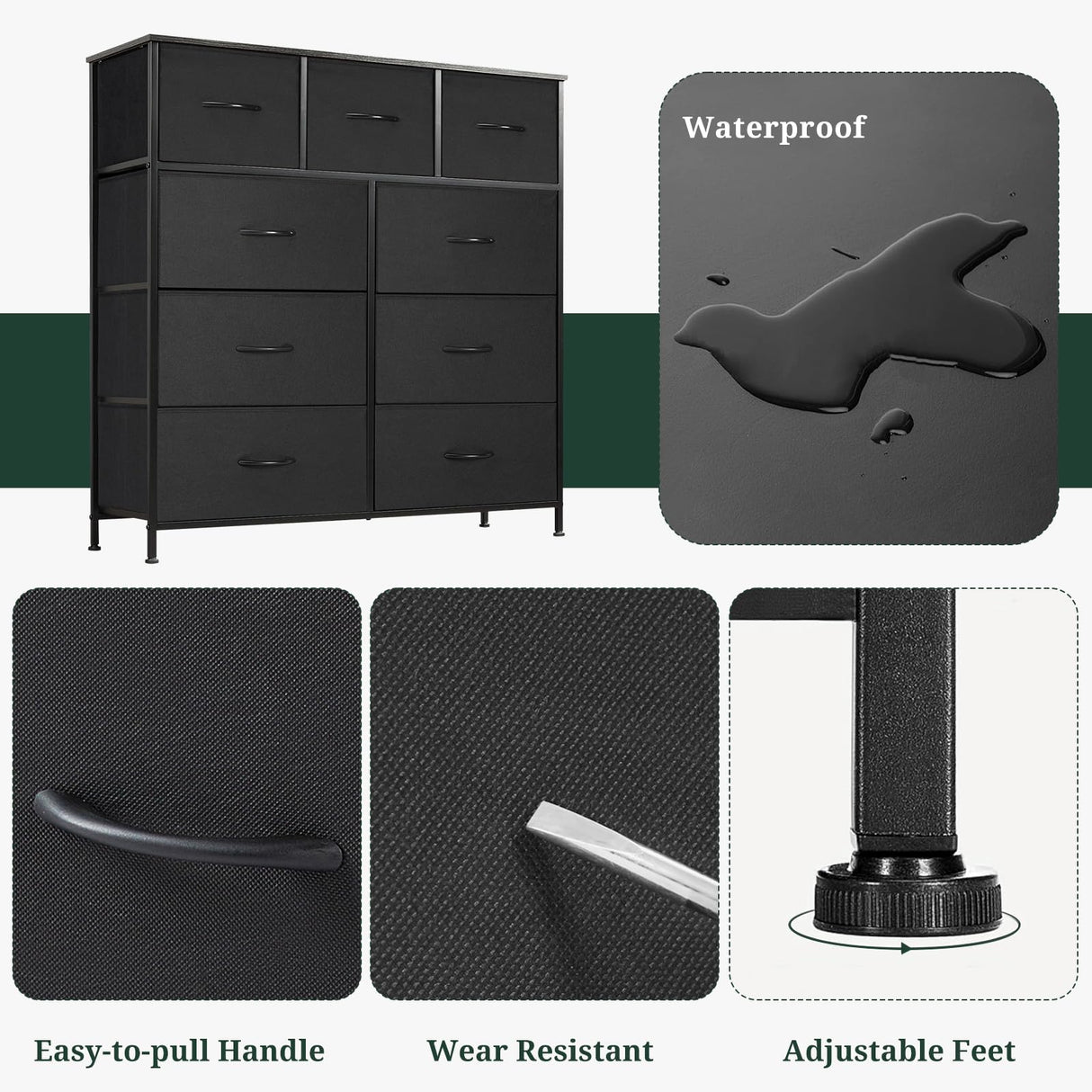 9-Drawer Dresser for Bedroom, Anti-Tip Tall Storage Organizer Chest of Drawers with Wooden Top and Metal Frame Fabric Bins for Closet, Living Room, Hallway, Entryway, Black SageNest