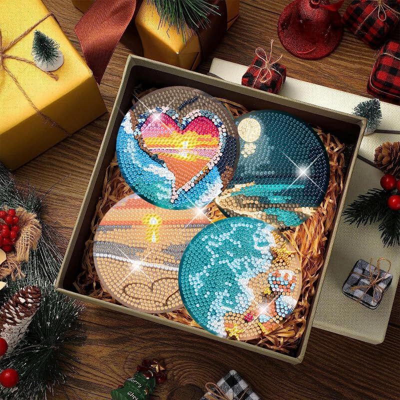 igoodom 8 Pcs Beach Diamond Art Coasters Kit with Holder, DIY Beach Diamond Painting Coasters for Beginners Adults, Non Slip Diamond Art Kits Craft Supplies 4x4inch igoodom
