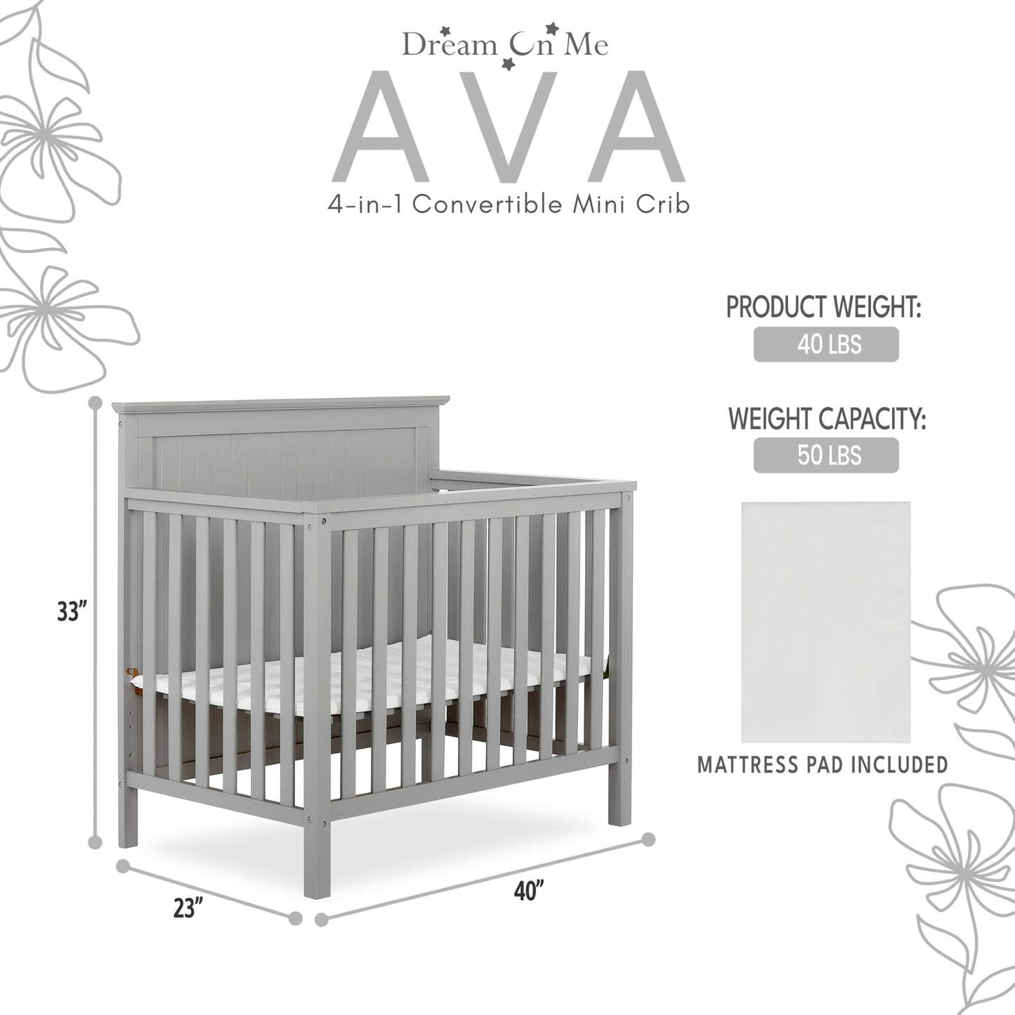 Dream On Me Ava 4-in-1 Convertible Mini Crib in Pebble Grey, 635-PG, Greenguard Gold Certified, Non-Toxic Finish, Comes with 1" Mattress Pad, with 3 Mattress Height Settings