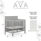 Dream On Me Ava 4-in-1 Convertible Mini Crib in Pebble Grey, 635-PG, Greenguard Gold Certified, Non-Toxic Finish, Comes with 1" Mattress Pad, with 3 Mattress Height Settings Dream On Me