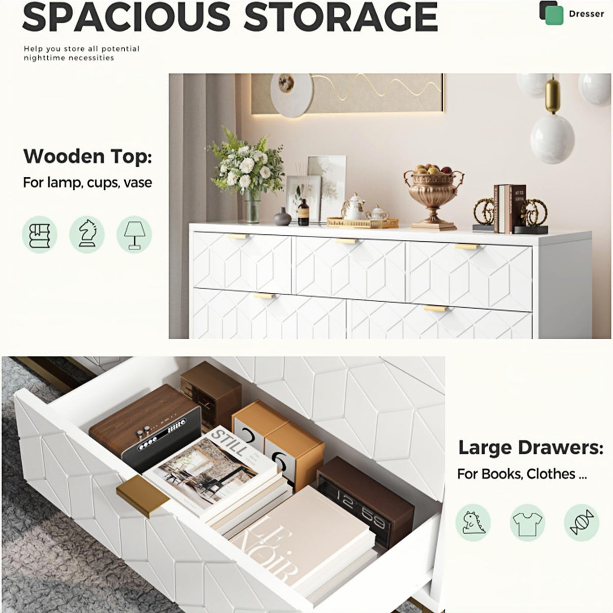 Dresser for Bedroom, 53.5" Wide Dresser Organizer, 7 Drawer with Golden Metal Handle and Legs, Modern Chest of Drawers for Closet, Hallway, Living Room, Entryway, White GAOMON