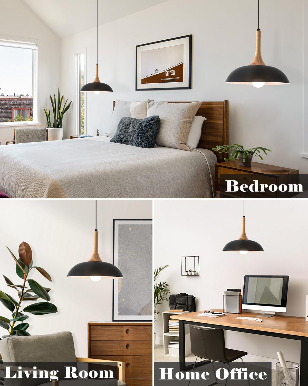 GUIHUALOVE Black Pendant Lights Kitchen Island,2 Pack Modern Pendant Light with Wood Cap, 13.8 inch Dome Pendant Light for Kitchen, Dining Room, Living Room GUIHUALOVE