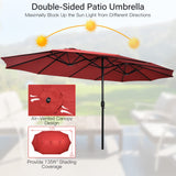 Tangkula 10 Pieces Patio Wicker Dining Set w/Double-Sided Patio Umbrella, Outdoor Acacia Wood Furniture Set w/ 8 Armchairs, 71” Dining Table & 15 ft Umbrella with Weighted Base (Wine) Tangkula