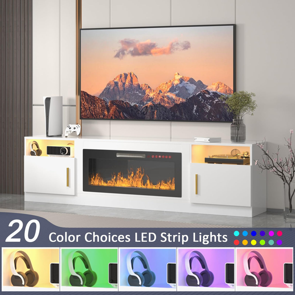 VENDORZ TV Stand with Fireplace, 36" Fireplace TV Stand LED Entertainment Center with Fireplace, 80 Inch Modern Electric Fireplace TV Stand for Living Room, White TV Stand with Fireplace Up to 90" TVs VENDORZ