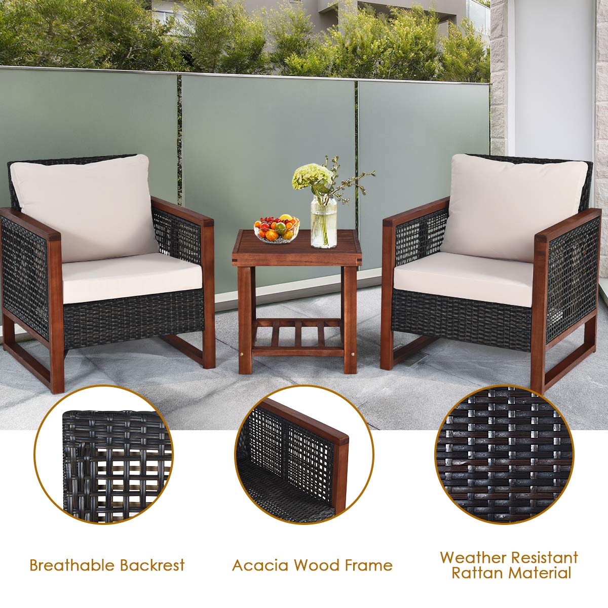 HAPPYGRILL 3 Pieces Outdoor Patio Furniture Set Wicker Chairs with Coffee Table, Balcony Porch Furniture Bistro Set with Wood Frame and Washable Cushions for Garden Poolside Backyard HAPPYGRILL