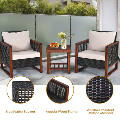 HAPPYGRILL 3 Pieces Outdoor Patio Furniture Set Wicker Chairs with Coffee Table, Balcony Porch Furniture Bistro Set with Wood Frame and Washable Cushions for Garden Poolside Backyard