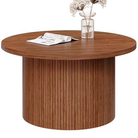 ONBRILL 31.5" Round Coffee Table, Tambour Design Coffee Tables for Living Room, Mid Century Modern Wood Coffee Table, Drum Accent Small Center Table, Walnut ONBRILL