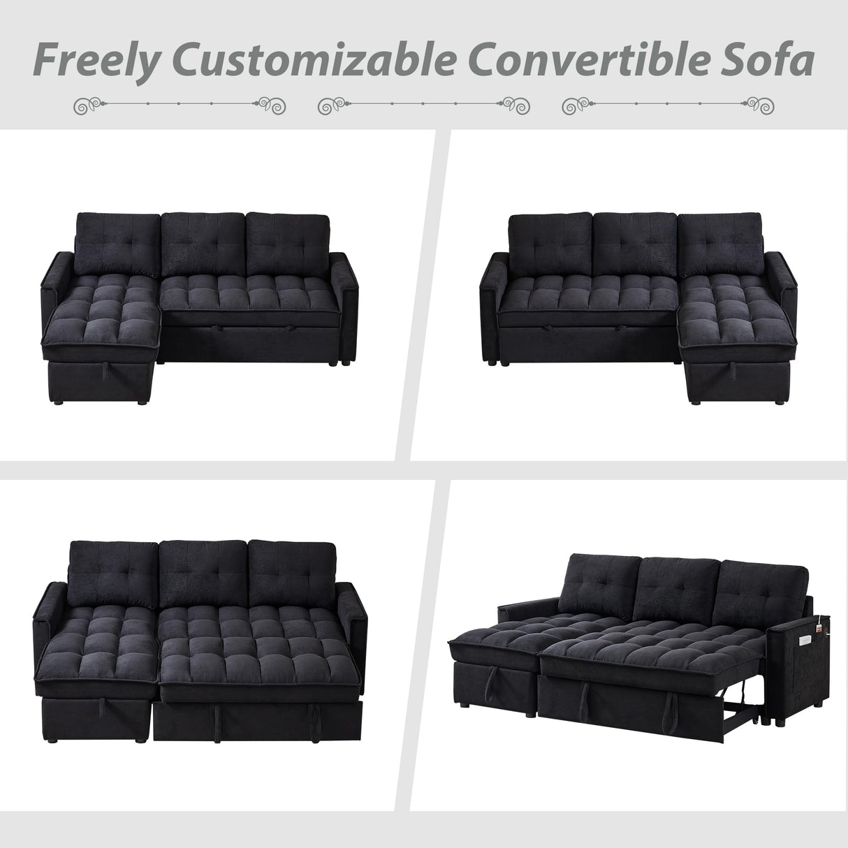 L-shape Pull out Sleeper Sofa Couch Bed,Modern Sofa Bed with Reversible Storage Chaise Lounge,Velvet Upholstered Tufted Sectional Corner Sofabed with USB Ports and Side Pockets for Living Room,Bedroom KINFFICT
