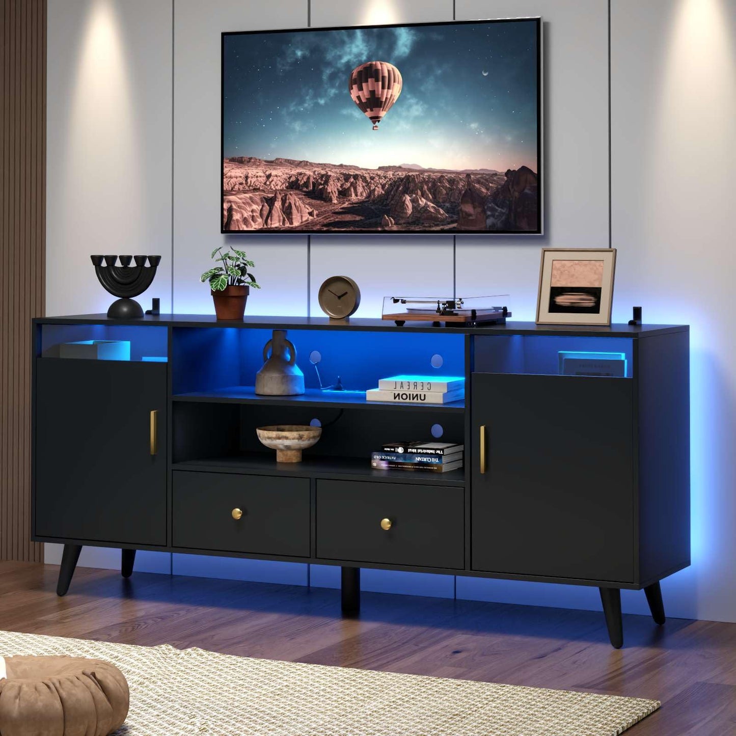 TV Stand for TV up to 65 Inch, LED Lights Entertainment Center with Power Outlet, TV Cabinet with Storage Drawers and Open Shelf, Modern TV Media Console for Living Room, Black Television Tab - WoodArtSupply