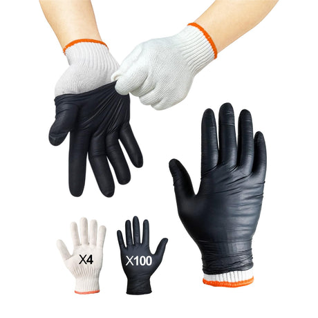 ANBOSON BBQ Gloves for Cooking Baking Grilling, 100 Count Disposable Nitrile Gloves and 4 Count Cotton Glove Liners Washable (6mil Nitrile, Large) ANBOSON