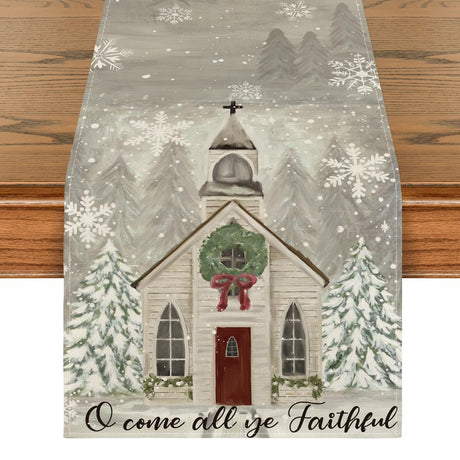 Artoid Mode Church Xmas Trees Snowflakes Merry Christmas Table Runner, Bow Tie Kitchen Dining Table Decoration for Outdoor Home Party 13x72 Inch Artoid Mode