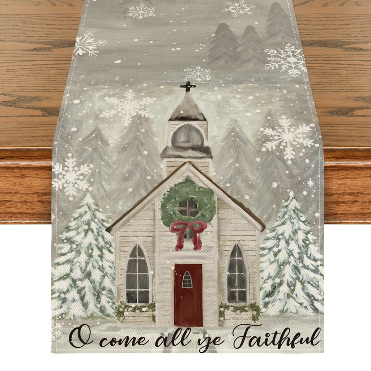 Artoid Mode Church Xmas Trees Snowflakes Merry Christmas Table Runner, Bow Tie Kitchen Dining Table Decoration for Outdoor Home Party 13x90 Inch Artoid Mode