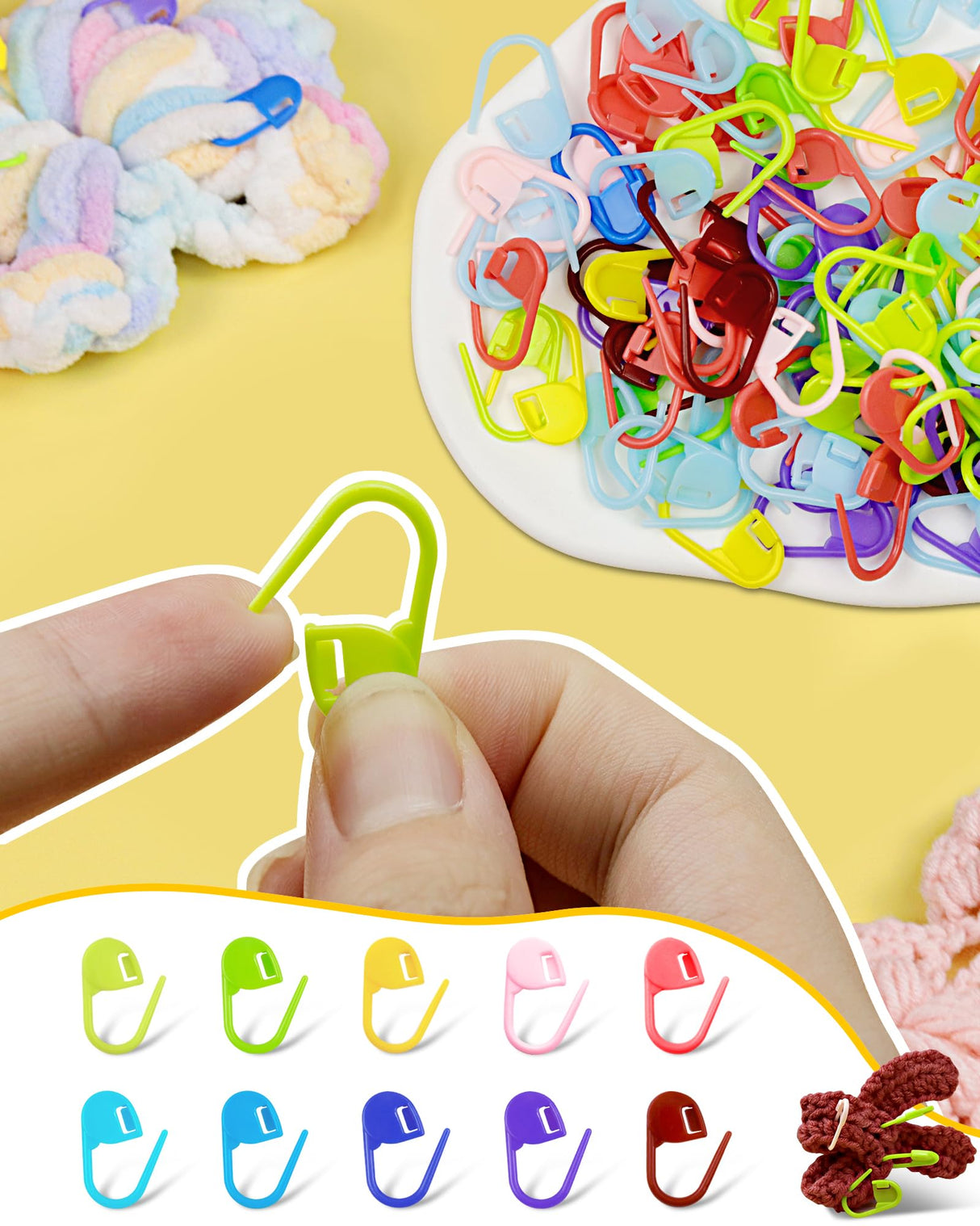 300pcs FIVEIZERO Stitch Markers with 6 pieces of large blunt sewing needles,colorful knitting markers,plastic crochet hook clip,bulk Crochet hook markers for knitting stitch locking clip crochet hooks FIVEIZERO