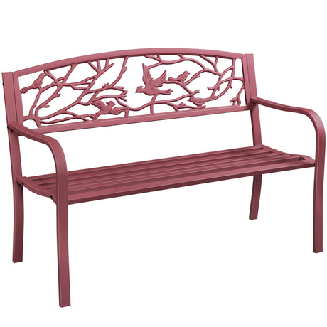 Yaheetech Outdoor Garden Bench Patio Furniture Chair Outdoor with Vintage Bird Pattern Backrest, Slatted Seat, Antique Metal Bench for Yard & Porch & Park, Red Yaheetech