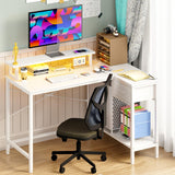 Fixwal L Shaped Gaming Desk with Power Outlets and LED Lights, 43 Inch Computer Desk with Charging Port, Small Corner Desk Table with Drawer and Shelf, Home Office Desk with Monitor Stand Fixwal