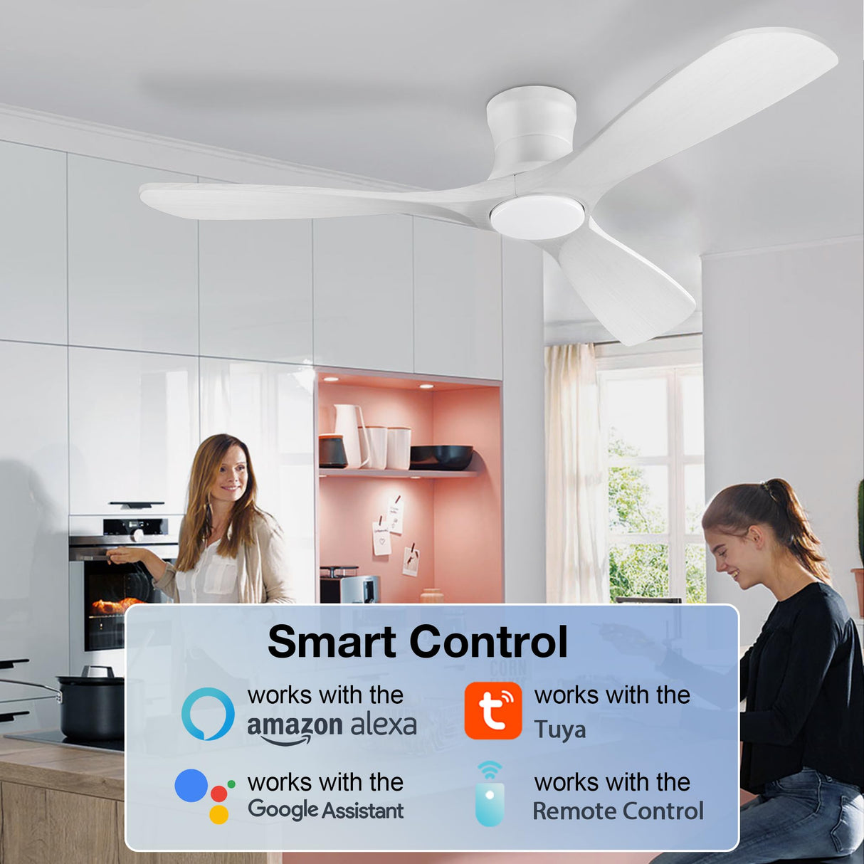 52in Smart Low Profile Ceiling Fans with Lights Remote,Quiet DC Motor,Outdoor Indoor Flush Mount Ceiling Fan,Control with WIFI Alexa App,Dimmable,6-speed,3 White Wood blades,for Modern Bedroom Patio Hoenofly