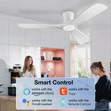 52in Smart Low Profile Ceiling Fans with Lights Remote,Quiet DC Motor,Outdoor Indoor Flush Mount Ceiling Fan,Control with WIFI Alexa App,Dimmable,6-speed,3 White Wood blades,for Modern Bedroom Patio Hoenofly
