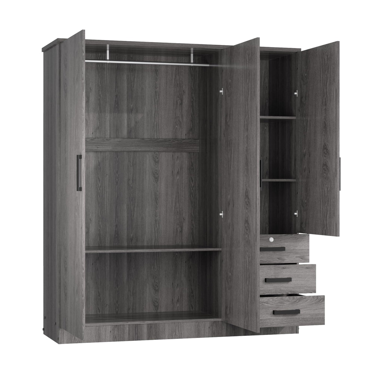61" Wide Large Wardrobe Closet 3 Doors and 3 Drawers (Grey) Woodpeckers Furniture And Mattress