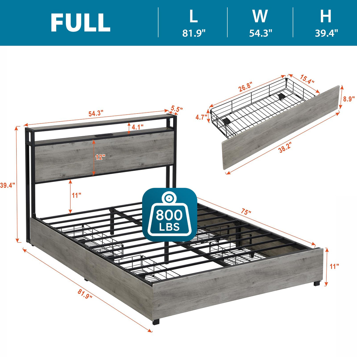 Kiivakii Grey Full Size Bed Frame with LED Lights, 4 Storage Drawers & Charging Station Kiivakii