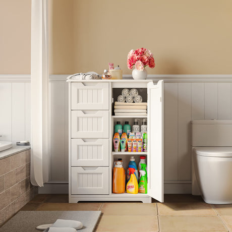 Gizoon 33" Small Kitchen Pantry Storage Cabinet with Door and Shelves, Pantry Cabinet Storage Cupboard, Freestanding Wooden Dresser with 4 Drawers for Bathroom and Dining Room, White Gizoon