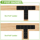 T Post Bracket 4PCS,14x10'' T Flat Mending Plate for Wood 4x4,6x6 Lumber, Black Powder Coated Heavy Duty Pergola Brackets,T Beam Bracket, T Truss Bracket,T Shape Post to Beam Connectors XZWMY