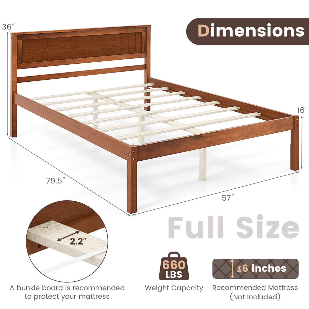 KOMFOTT Full Size Wood Platform Bed Frame with Headboard, Solid Wood Bed Frame with Slat Support, 7-Leg Support, Under Bed Storage, 16-Inch Mattress Foundation Bedroom Furniture, No Box Spring Needed KOMFOTT