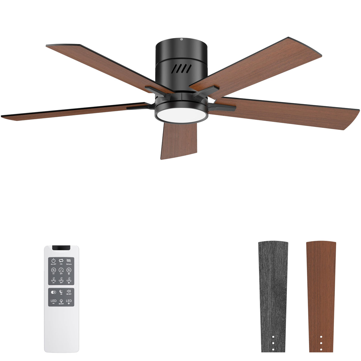 Ohniyou Ceiling Fan with Lights, 48" Flush Mount Ceiling Fan with Light and Remote, Low Profile, Reversible Motor, Dimmable for Bedroom Living Room, Walnut Ohniyou