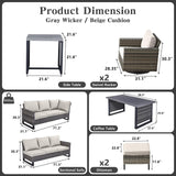 Belord Patio Sectional Furniture Set with Coffee Table: 8 Pieces Wicker Patio Conversation Set with L Shaped Sofa, Outdoor Swivel Glider Rocker, Rattan Ottomans, Removable Belord