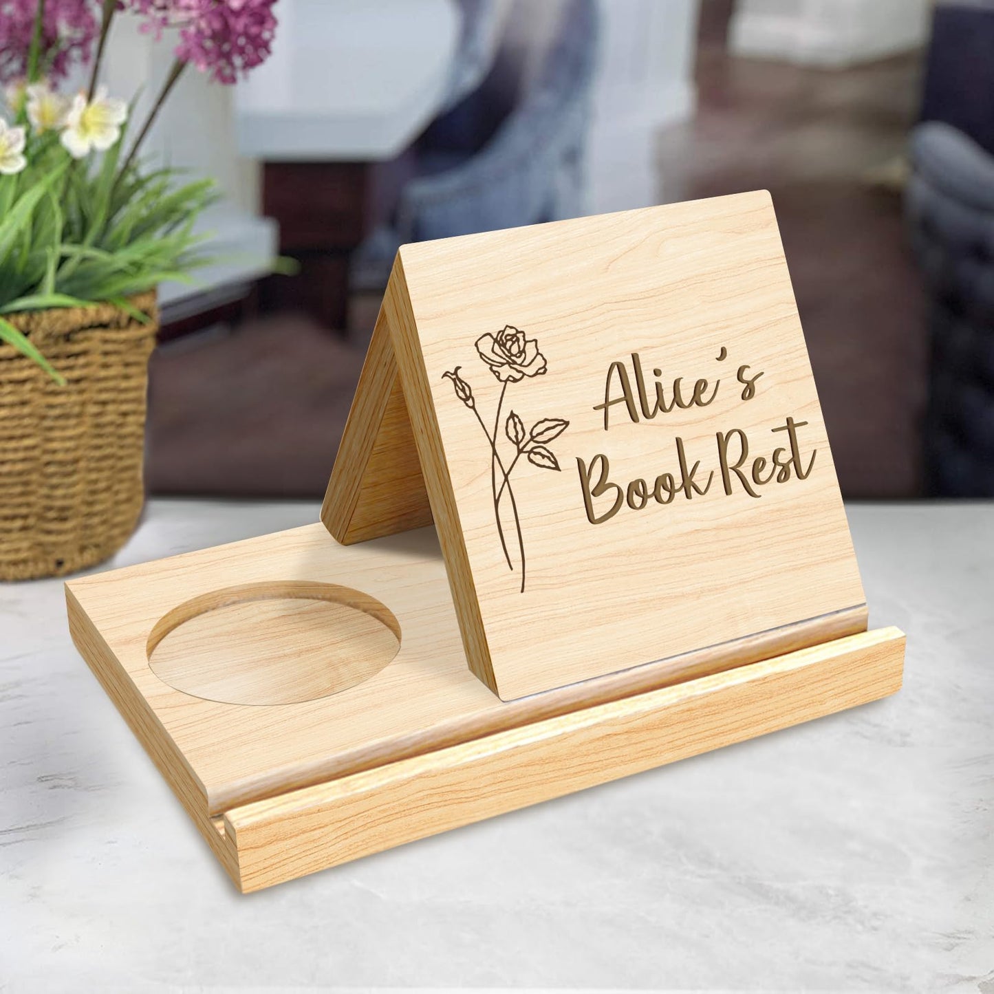 Attention Personalized Wooden Triangle Bookmark with Drink Holder Custom Name&Birthday Flower Book Stand Page Mark Holder Night Stand Book Rest with Cup Stand Book Lovers Birthday Gifts(Style - WoodArtSupply