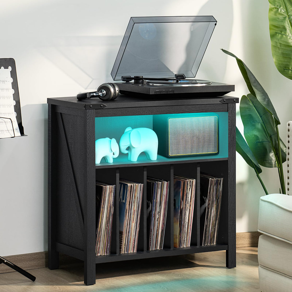 Large Record Player Stand with Charging Station & LED Lights, Vinyl Records Storage Holder Cabinet Holds up to 230 Albums, Turntable Stand for Music Room, Bedroom, Living Room, Office (Black) Joaxswe