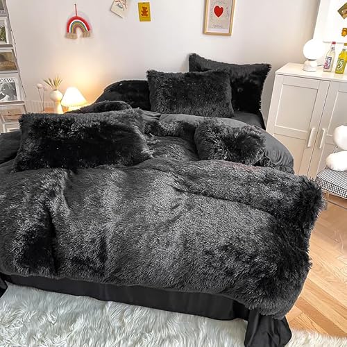 chovy Kids Girls Faux Fur Black Comforter Sets Twin/Full - 3PC Bed Set Skin Friendly Soft Warm Comfortable Classical Rabbit Plush Velvet Flannel Fluffy Fuzzy Bedding（Comforter x 1 Pillowcases x 2） chovy
