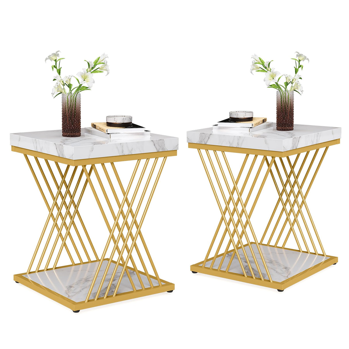 Tribesigns Square End Table White Gold 2-Tier Side Table Modern Small Bedside Table with Storage for Couch, Sofa Side Table with Stylish Metal Frame for Living Room (2, Faux Marble White+Gold) Tribesigns