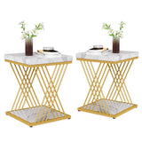 Tribesigns Square End Table White Gold 2-Tier Side Table Modern Small Bedside Table with Storage for Couch, Sofa Side Table with Stylish Metal Frame for Living Room (2, Faux Marble White+Gold) Tribesigns