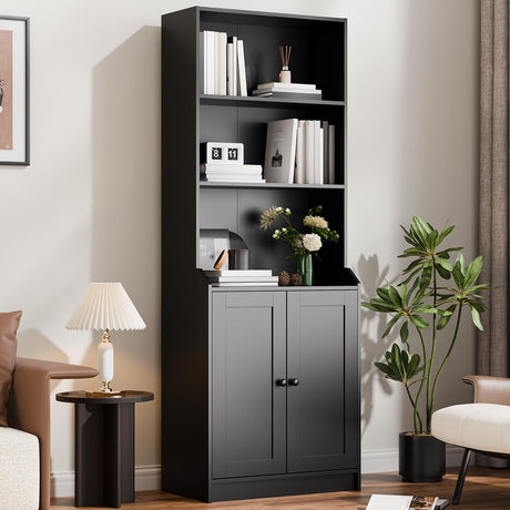 Cozy Castle 75" Tall Book Shelf and Bookcase with 2 Doors, Large 5-Tier Freestanding Bookshelf with 15.7" Depth Storage Cabinet and Adjustable Shelf for Living Room, Office, Bedroom, Black Cozy Castle