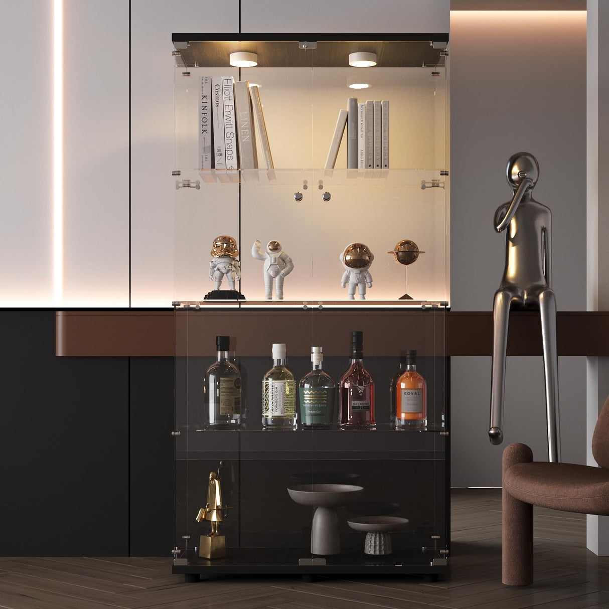 FANYUSHOW Glass Display Cabinet with LED Light, 2 Doors and Lock, Quick-Install Style 4-Shelf Curio Cabinet 5mm Tempered Glass Bookshelf for Living Room, Bedroom, 65" H x 32''L x 14''W (Black) FANYUSHOW