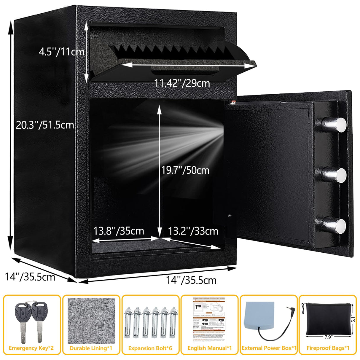 2.6 CUB Depository Drop Safe Fireproof, Front Drop Slot Lock Box with Digital Combination and Anti-Fishing, Silent Deposit Safe Box, Security Money Safe for Cash Slips Expense Business Office Home KAER