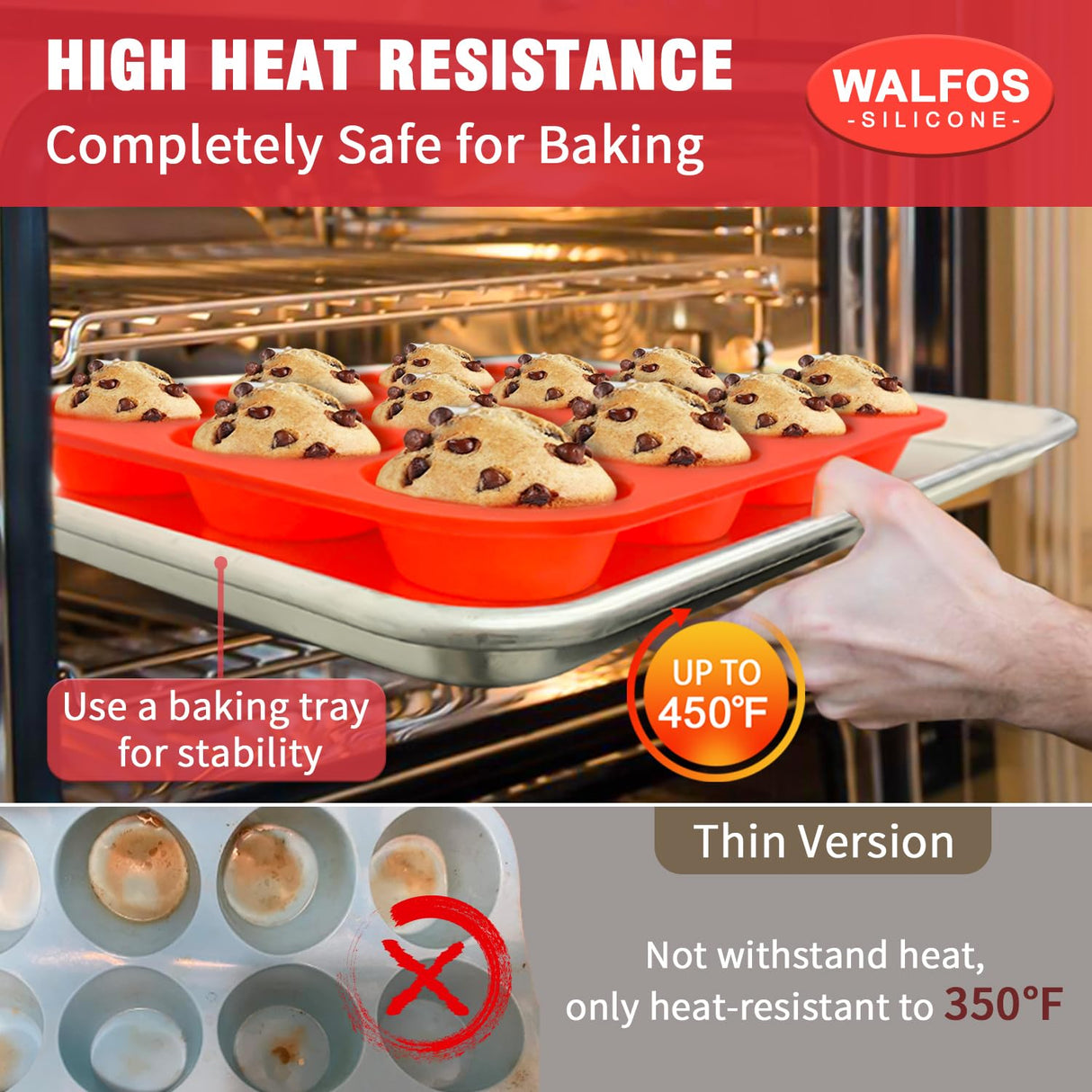 Walfos Silicone Muffin Pan - 12 Cups Regular Silicone Cupcake Pan, Non-stick Silicone Great for Making Muffin Cakes, Tart, Bread - BPA Free and Dishwasher Safe Walfos
