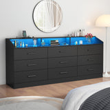 Gyfimoie 9 Drawers Dresser with Power Outlet, Black Dresser for Bedroom, Chest of Drawers with LED Light, Modern Dresser with Open Storage Cubby, Triple Wide Dresser Organizer for Living Room Gyfimoie