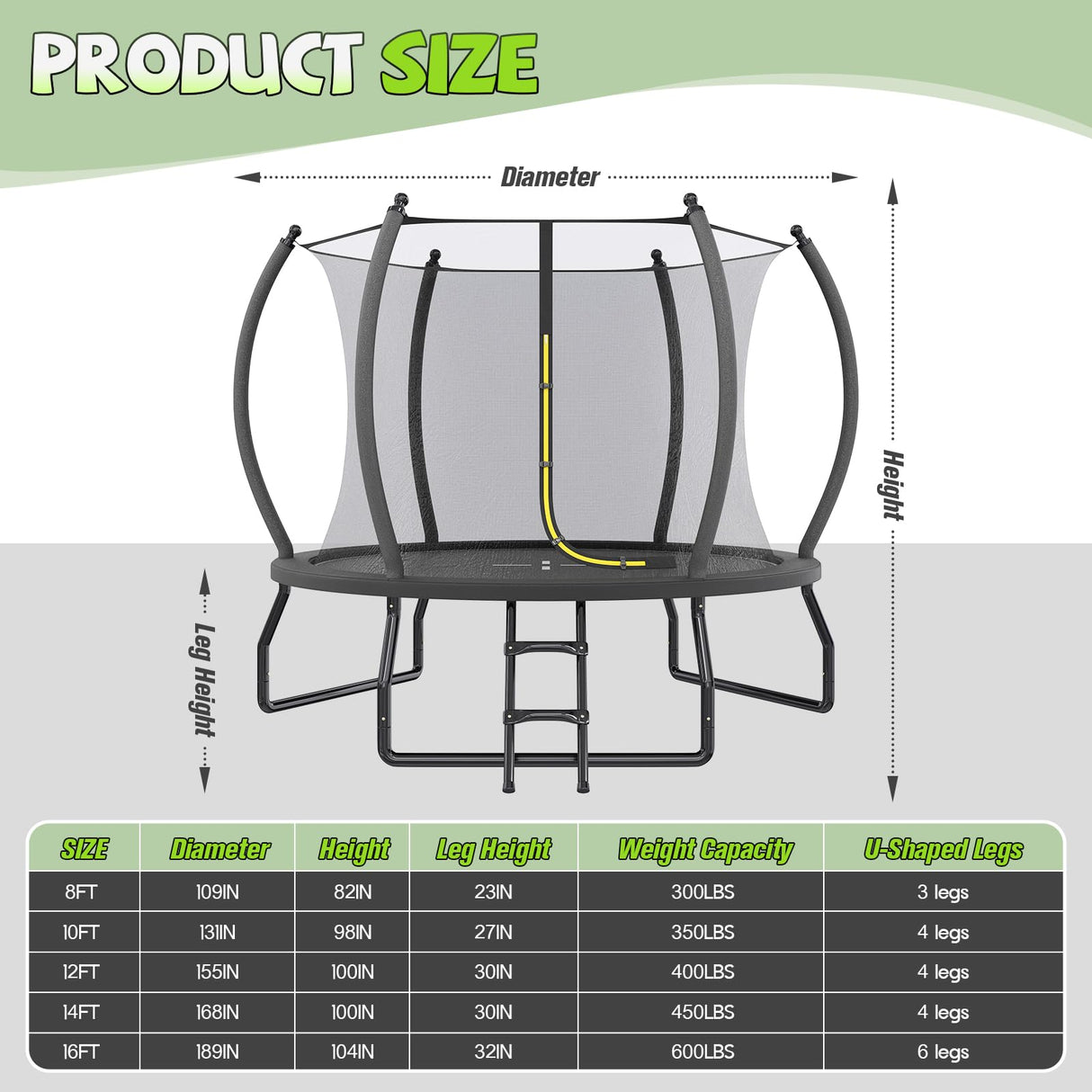 Yumpie Trampolines 8FT 10FT 12FT 14FT 16FT Outdoor Trampoline with Enclosure Net and Ladder, Recreational Trampolines for Kids and Adults，ASTM Approval YUMPIE