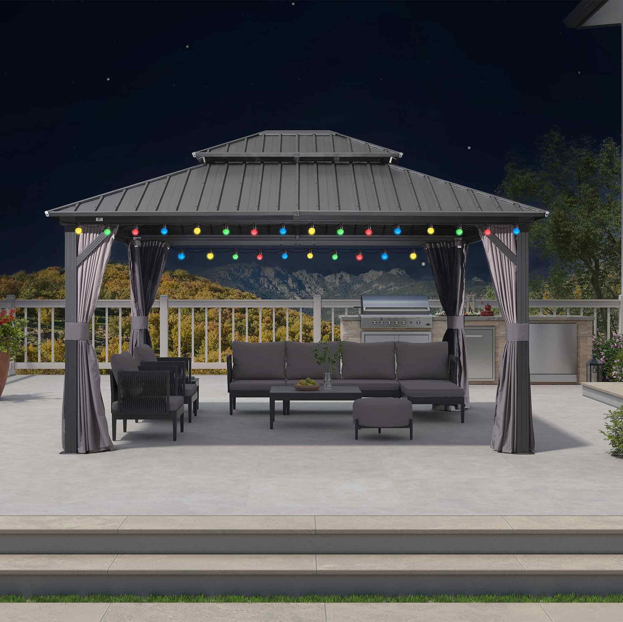 PURPLE LEAF 12' X 14' Hardtop Gazebo with String Lights Patio Hardtop Gazebo with Heavy Duty Galvanized Steel Double Roof for Patio Lawn Garden, Netting and Curtains Included, Grey PURPLE LEAF