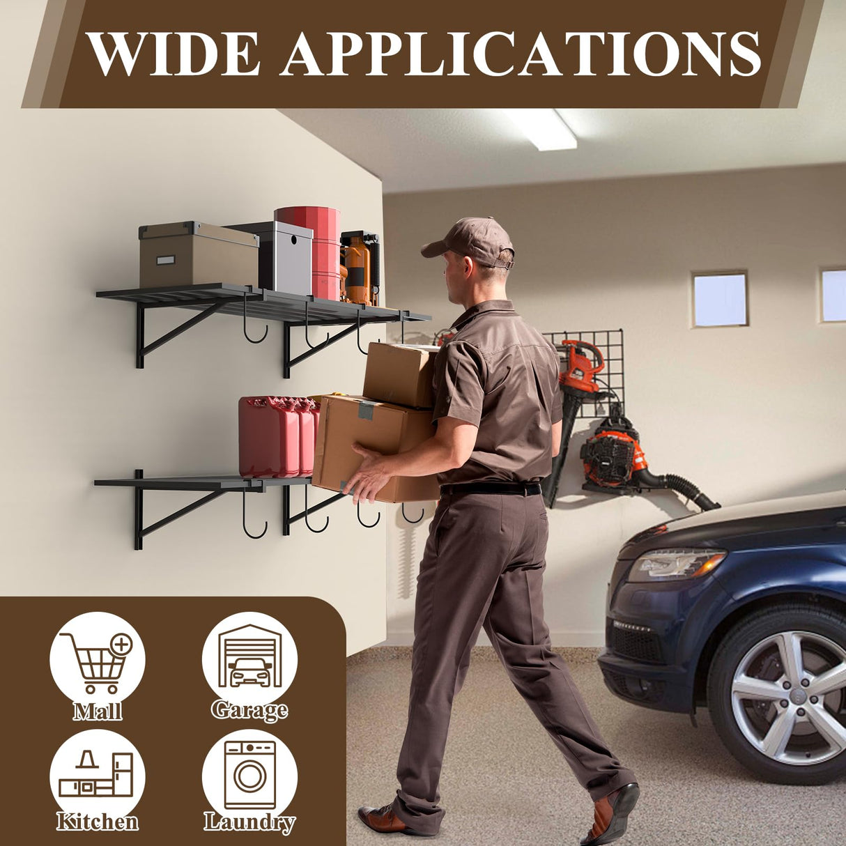 PEKGRIL Garage Wall Shelving Set of 2, 1.5X4 ft Garage Wall Shelves with 8 Hooks, Heavy Duty Wall Mounted Storage Shelf, Loads 260 lbs Each Metal Wall Shelf, Black PEKGRIL