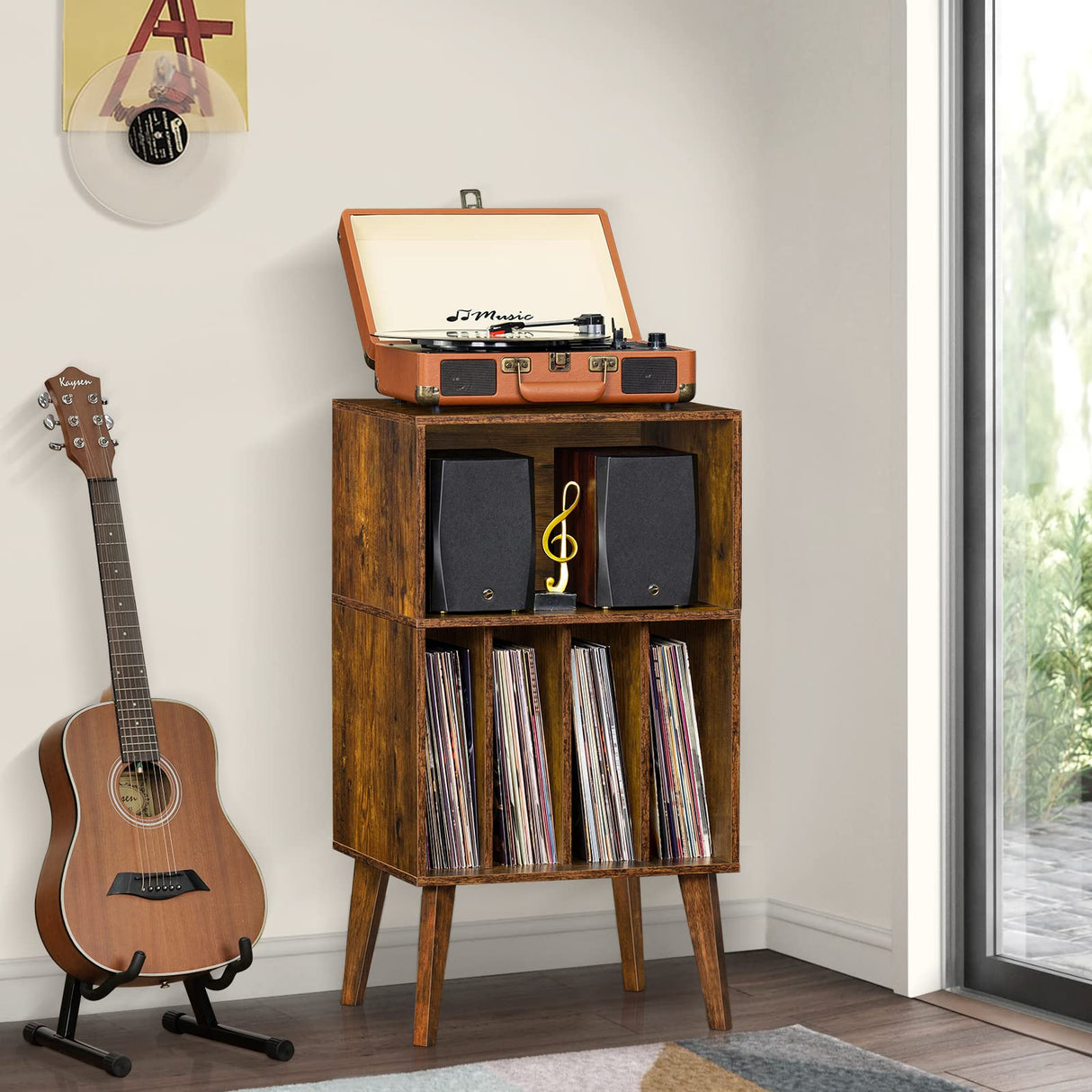 Lerliuo Record Player Stand, Brown Turntable Stand Holds up to 160 Albums, Mid-Century Vinyl Storage Cabinet Table with Solid Wood Legs, Record Player Holder Dispaly Shelf for Bedroom Living Room Lerliuo